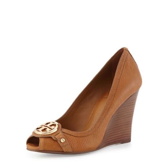 Tory Burch Leticia High Wedge Peep-Toe Heels Pebbled Tan - Picture 1 of 10